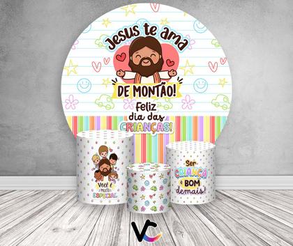 Imagem de Painel De Festa Redondo 1,50x1,50 + Trio De Capas Cilindro - Dia das Crianças Religioso Jesus Te Ama 057