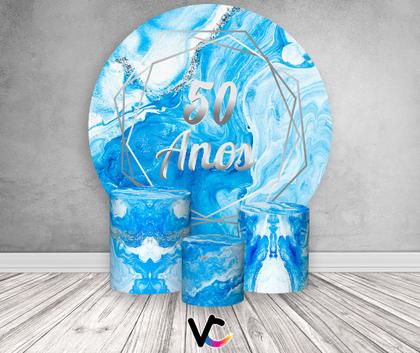 Imagem de Painel De Festa Redondo 1,50x1,50 + Trio De Capas Cilindro - Efeito Marmorizado Azul Com Prata 50 Anos 008