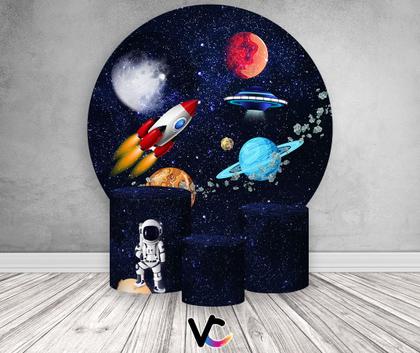 Imagem de Painel De Festa Redondo 1,50x1,50 + Trio De Capas Cilindro - Espaço Galaxia com Foguete 001