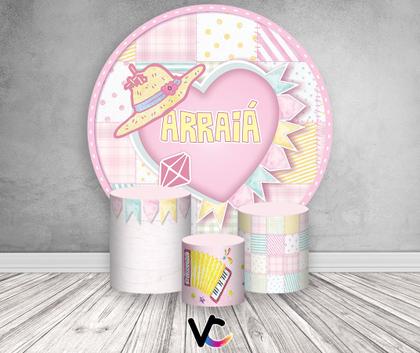 Imagem de Painel De Festa Redondo 1,50x1,50 + Trio De Capas Cilindro - Festa Junina Coração Rosa 012