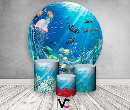 Imagem de Painel De Festa Redondo 1,50x1,50 + Trio De Capas Cilindro -  Fundo do Mar Corais e Peixinhos 02