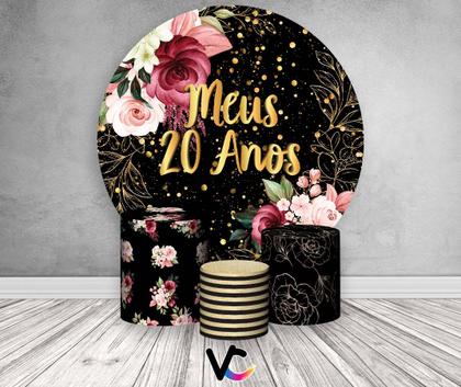 Imagem de Painel De Festa Redondo 1,50x1,50 + Trio De Capas Cilindro -  Fundo Preto Flores Efeito Brilhos Meus 20 Anos Dourado 022