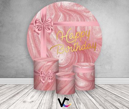 Imagem de Painel De Festa Redondo 1,50x1,50 + Trio De Capas Cilindro - Happy Birthday Efeito Metálico Rosa 160