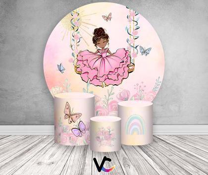 Imagem de Painel De Festa Redondo 1,50x1,50 + Trio De Capas Cilindro - Jardim Com Princesa no Balanço 025