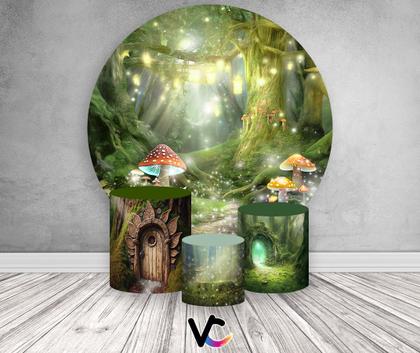 Imagem de Painel De Festa Redondo 1,50x1,50 + Trio De Capas Cilindro - Jardim Encantado com Cogumelos 048