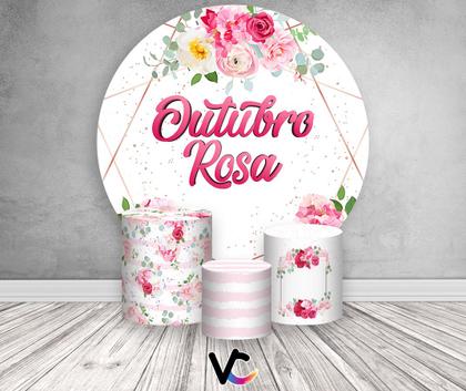 Imagem de Painel De Festa Redondo 1,50x1,50 + Trio De Capas Cilindro -  Outubro Rosa Floral 003
