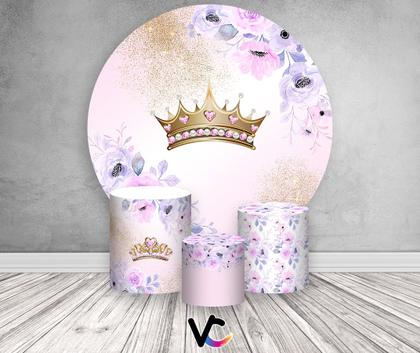 Imagem de Painel De Festa Redondo 1,50x1,50 + Trio De Capas Cilindro - Realeza Rosa e Lilás Floral 017