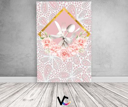 Imagem de Painel De Festa Vertical 1,50 x 2,20 - Chá de Cozinha Floral Rosa Rendado 007