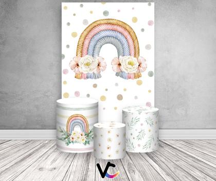 Imagem de Painel De Festa Vertical 1,50 x 2,20 + Trio De Capas Cilindro - Arco-Íris Boho Floral 007