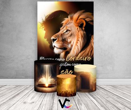 Imagem de Painel De Festa Vertical 1,50 x 2,20 + Trio De Capas Cilindro - Cristo Ressuscitou como Leão 057