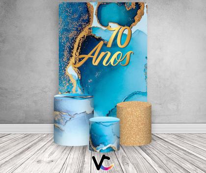 Imagem de Painel De Festa Vertical 1,50 x 2,20 + Trio De Capas Cilindro - Efeito Mármore Azul com Dourado 70 Anos 051