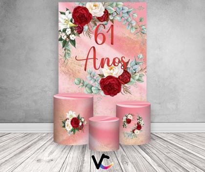 Imagem de Painel De Festa Vertical 1,50 x 2,20 + Trio De Capas Cilindro - Efeito Mármore Floral 61 Anos 139