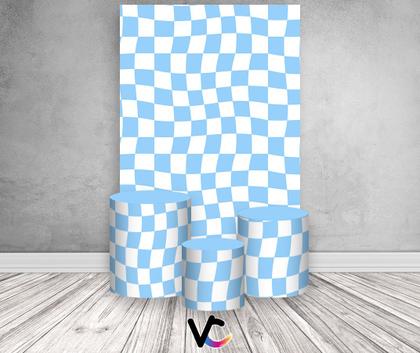Imagem de Painel De Festa Vertical 1,50 x 2,20 + Trio De Capas Cilindro - Estampa Quadriculado Retrô Azul Claro 034