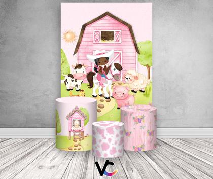 Imagem de Painel De Festa Vertical 1,50 x 2,20 + Trio De Capas Cilindro - Fazendinha Rosa Vaqueira Aquarela 025