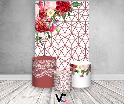 Imagem de Painel De Festa Vertical 1,50 x 2,20 + Trio De Capas Cilindro - Flores com Padrão Geométrico 017