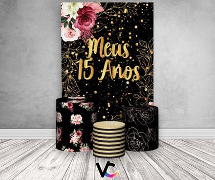 Imagem de Painel De Festa Vertical 1,50 x 2,20 + Trio De Capas Cilindro - Fundo Preto Flores Efeito Brilhos Meus 15 Anos Dourado 012