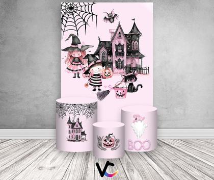 Imagem de Painel De Festa Vertical 1,50 x 2,20 + Trio De Capas Cilindro - Halloween Cute Rosa e Preto 041