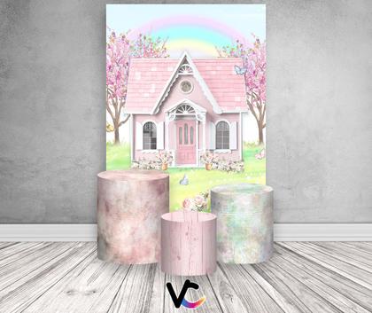 Imagem de Painel De Festa Vertical 1,50 x 2,20 + Trio De Capas Cilindro - Jardim Casinha Rosa 016