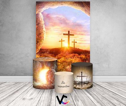 Imagem de Painel De Festa Vertical 1,50 x 2,20 + Trio De Capas Cilindro - Páscoa Cristã Cruz Monte 022