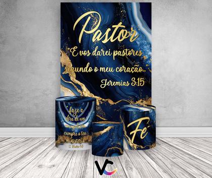 Imagem de Painel De Festa Vertical 1,50 x 2,20 + Trio De Capas Cilindro - Pastor Efeito Mármorizado Azul com Dourado 045