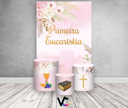 Imagem de Painel De Festa Vertical 1,50 x 2,20 + Trio De Capas Cilindro - Primeira Eucaristia Rosa 040