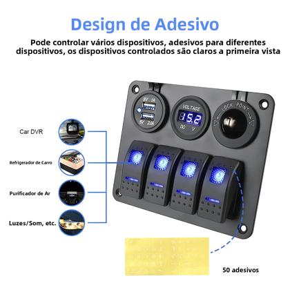 Imagem de Painel De Interruptores De Alumínio De 4 Gangues Com USB Duplo, Voltímetro, Disjuntor E LED Rocker