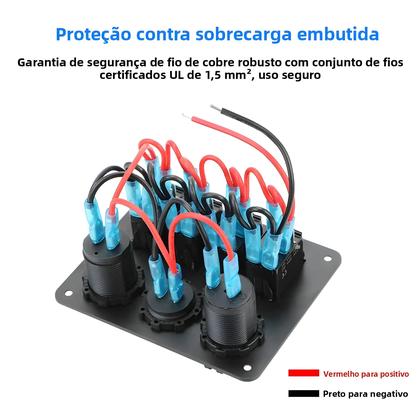 Imagem de Painel De Interruptores De Alumínio De 4 Gangues Com USB Duplo, Voltímetro, Disjuntor E LED Rocker