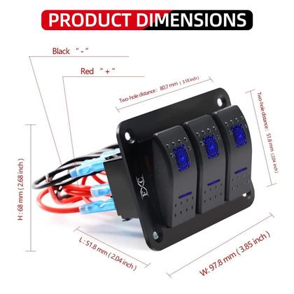 Imagem de Painel de interruptores Rocker FXC 3 Gang Toggle Switches com 2 LEDs azuis