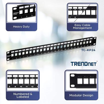 Imagem de Painel de patch TRENDnet TC-KP24 de 24 portas 1U com montagem em rack preto