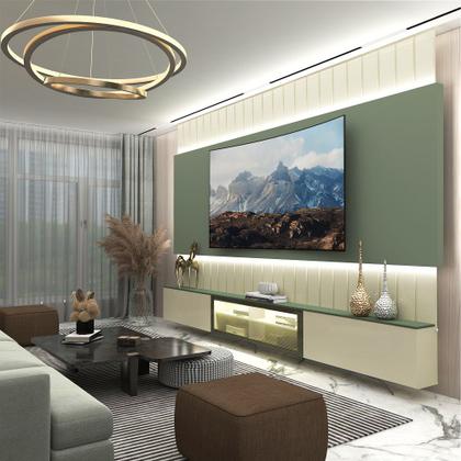 Imagem de Painel Estante Home Suspenso Gelius Soberano Reflecta para TV de até 85 polegadas com LED OFF White Verde Floresta