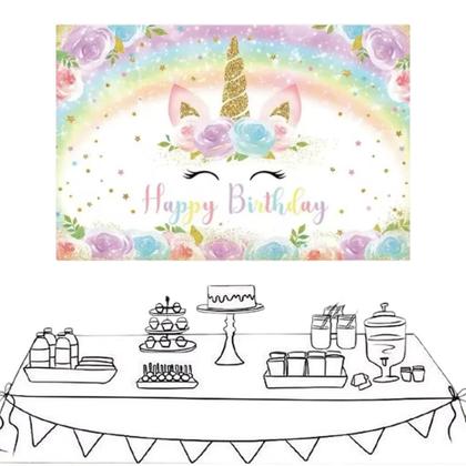 Imagem de Painel Festa Retangular Unicórnio Infantil Decorativo Kawaii Tecido Aniversário Eventos Comemorações