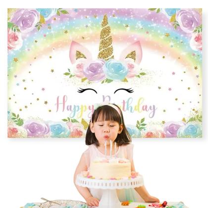 Imagem de Painel Festa Retangular Unicórnio Infantil Decorativo Kawaii Tecido Aniversário Eventos Comemorações