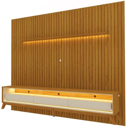 Imagem de Painel Gelius Nobre com ripas autênticas e Rack requinte com LED largura 275 cm para TV de 85 polegadas Naturalle/OFF White