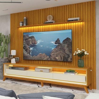 Imagem de Painel Gelius Nobre com ripas autênticas e Rack requinte com LED largura 275 cm para TV de 85 polegadas Naturalle/OFF White