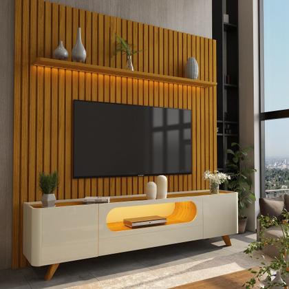 Imagem de Painel Gelius Nobre e Rack nobre com LED para TV de ate 85 polegadas pês de madeira Naturale OFF White