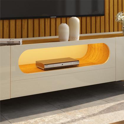 Imagem de Painel Gelius Nobre e Rack nobre com LED para TV de ate 85 polegadas pês de madeira Naturale OFF White
