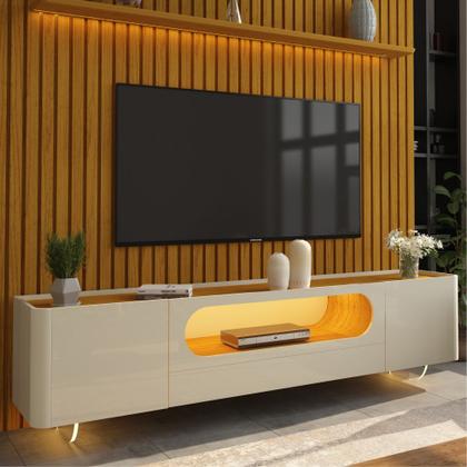 Imagem de Painel Gelius Nobre e Rack nobre com LED para TV de ate 85 polegadas pês de vidro Naturale OFF White