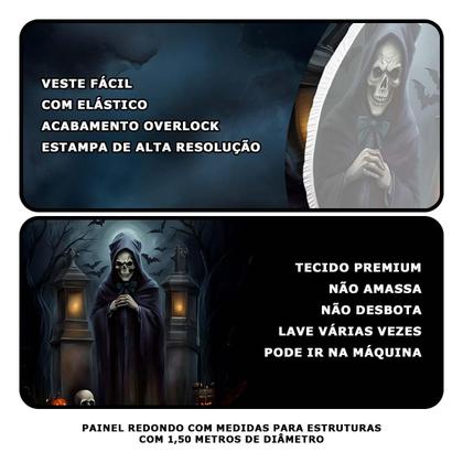 Imagem de Painel Halloween Redondo de Terror Morte Mula sem Cabeça Tecido Premium Com Elástico Morte