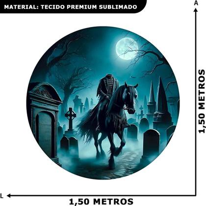 Imagem de Painel Halloween Redondo de Terror Morte Mula sem Cabeça Tecido Premium Com Elástico Morte