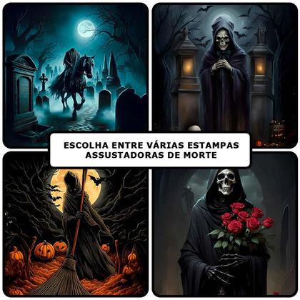 Imagem de Painel Halloween Redondo Morte e Mula sem Cabeça Tecido Premium Com Elástico + Suporte Cavaleiro