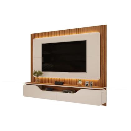 Imagem de Painel Home p/ TV até 70 Polegadas Treviso Ripado 100% MDF c/ Led 210x180cm Off White/Freijó - DJ Móveis