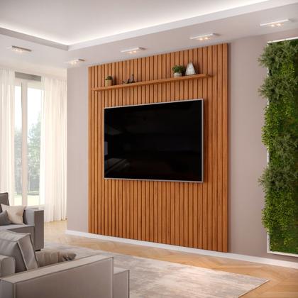 Imagem de Painel Home Ripado Trento c/ Rack Bancada MDF Ariana Sala Estar TV Até 75 Polegadas 3 Portas 1 Prateleira Vidro