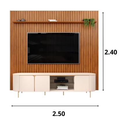 Imagem de Painel Home Ripado Trento c/ Rack Bancada MDF Ariana Sala Estar TV Até 75 Polegadas 3 Portas 1 Prateleira Vidro