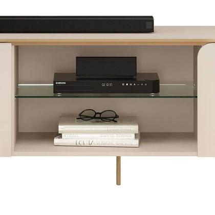 Imagem de Painel Home Ripado Trento c/ Rack Bancada MDF Ariana Sala Estar TV Até 75 Polegadas 3 Portas 1 Prateleira Vidro