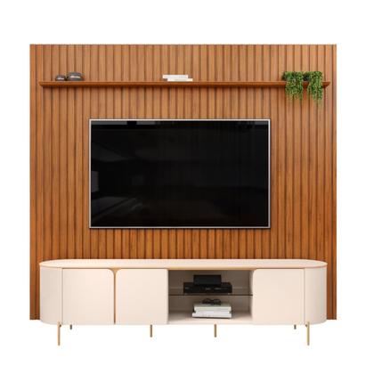 Imagem de Painel Home Ripado Trento c/ Rack Bancada MDF Ariana Sala Estar TV Até 75 Polegadas 3 Portas 1 Prateleira Vidro