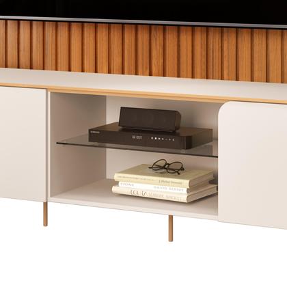 Imagem de Painel Home Ripado Trento c/ Rack Bancada MDF Ariana Sala Estar TV Até 75 Polegadas 3 Portas 1 Prateleira Vidro