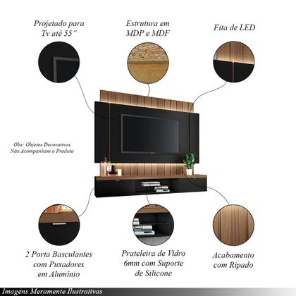 Imagem de Painel Home Suspenso 1.8 para TV até 55 Polegadas MDP/MDF com Fita LED Illusion Preto/Castanho G26 - HB Móveis