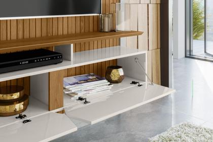 Imagem de Painel Intense p/ Tvs Até 55''  c/ Gaveteiros e Prateleiras Suporte para Itens - Freijo Ripado/Off White Perolizado