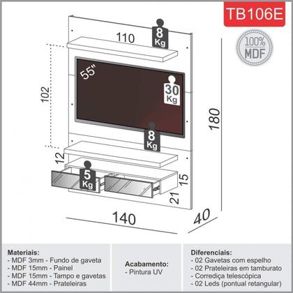Imagem de Painel para TV até 55 Polegadas 100% MDF com LED 140CMX180CM . Espelho 2 Gavetas Off White Freijó Branco