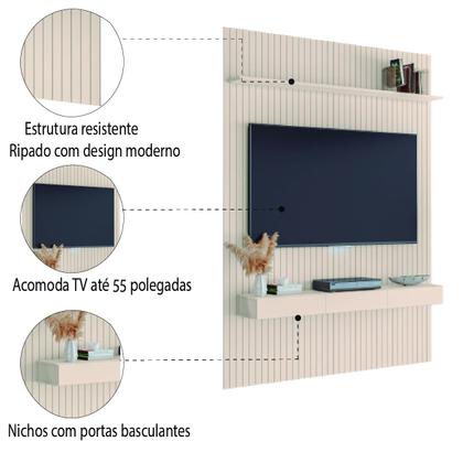Painel para TV até 55 Polegadas 1,39x2,40m Ripado com Nicho Arbo Off White EDN Imagem de Painel para TV até 55 Polegadas 1,39x2,40m Ripado com Nicho Arbo Off White EDN